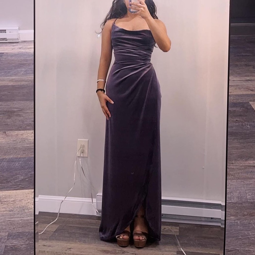 Velvet cowl next evening gown with slot